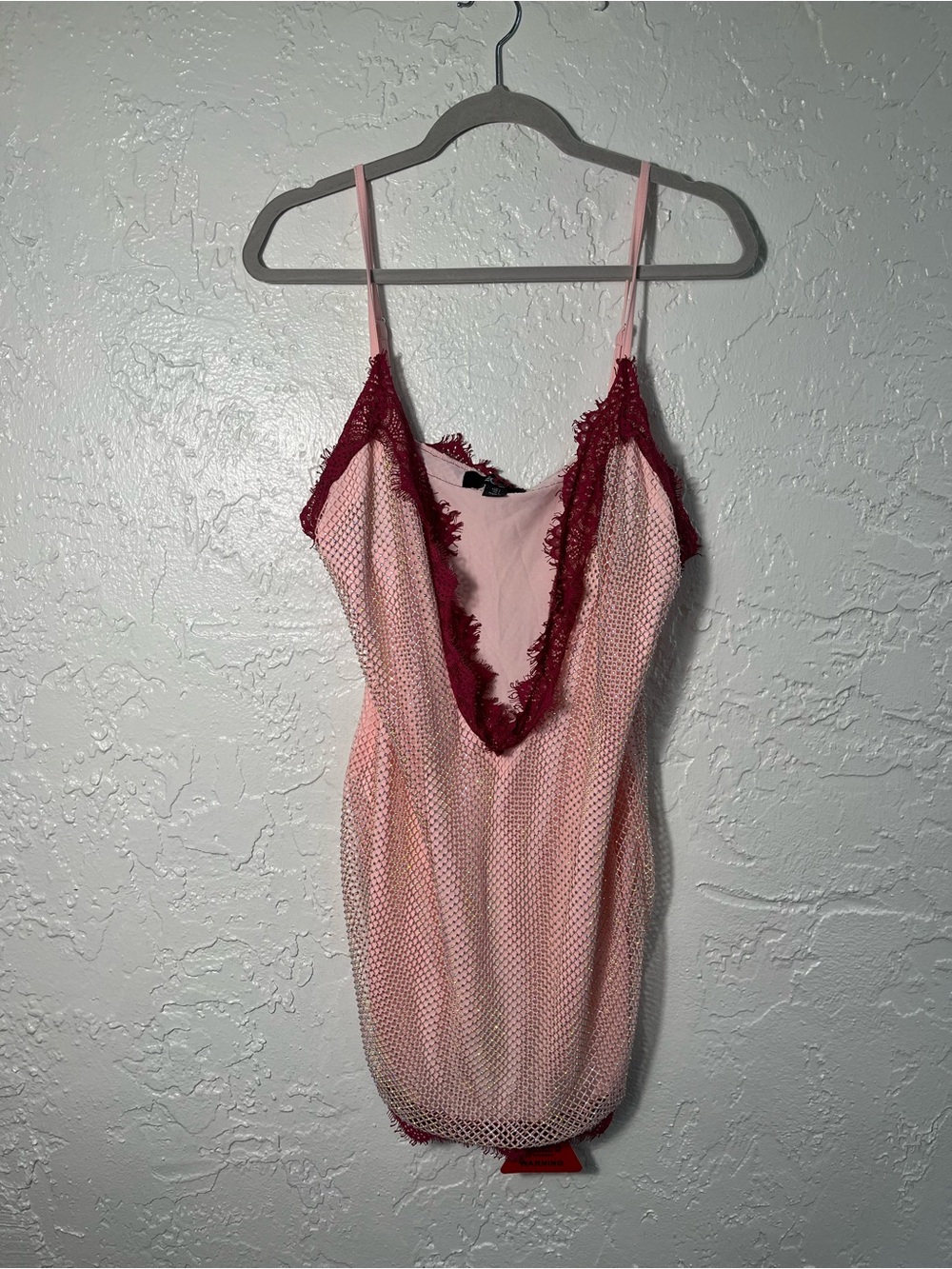 EGO Pink Rhinestone Mesh Plunge Mini Dress Size Large NWT